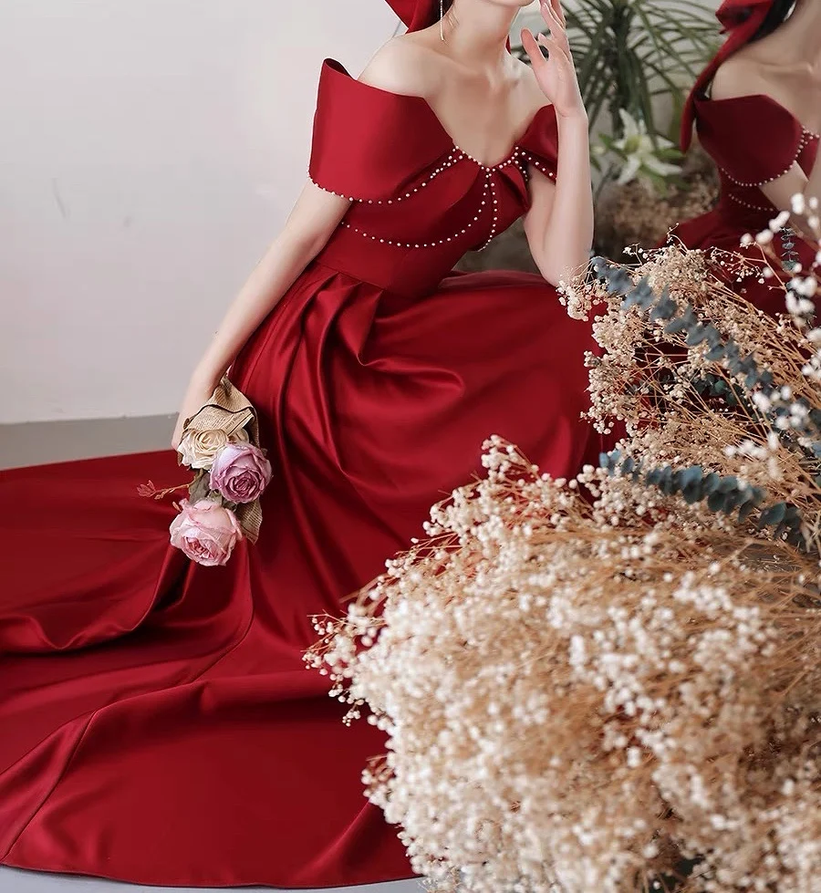 Elegantne Satin Tamnocrvene Haljine Trapeznog Oblika s otvorenim Ramenima, ženske seksualne Večernje Haljine s Dressing na leđima, Večernja Haljina Robe De Soiree