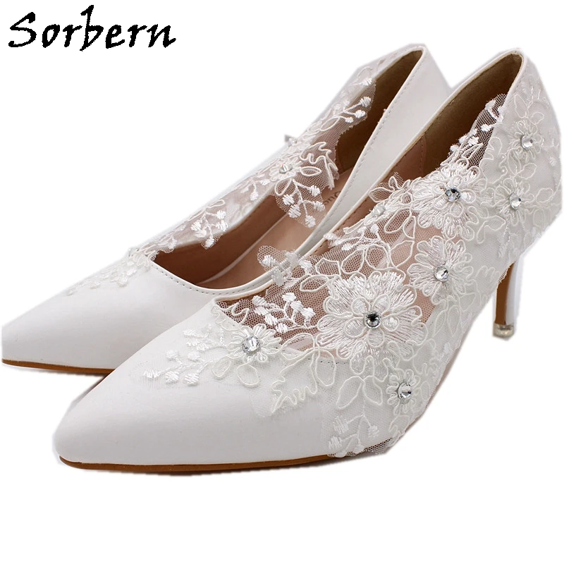Sorbern/ Elegantne Bijele Svadbene cipele Na Visoku petu 7 cm, s oštrim vrhom, Čipka Aplicirano, Mrežaste Cvijeće, cipele vjenčanje s ukras u obliku kristala