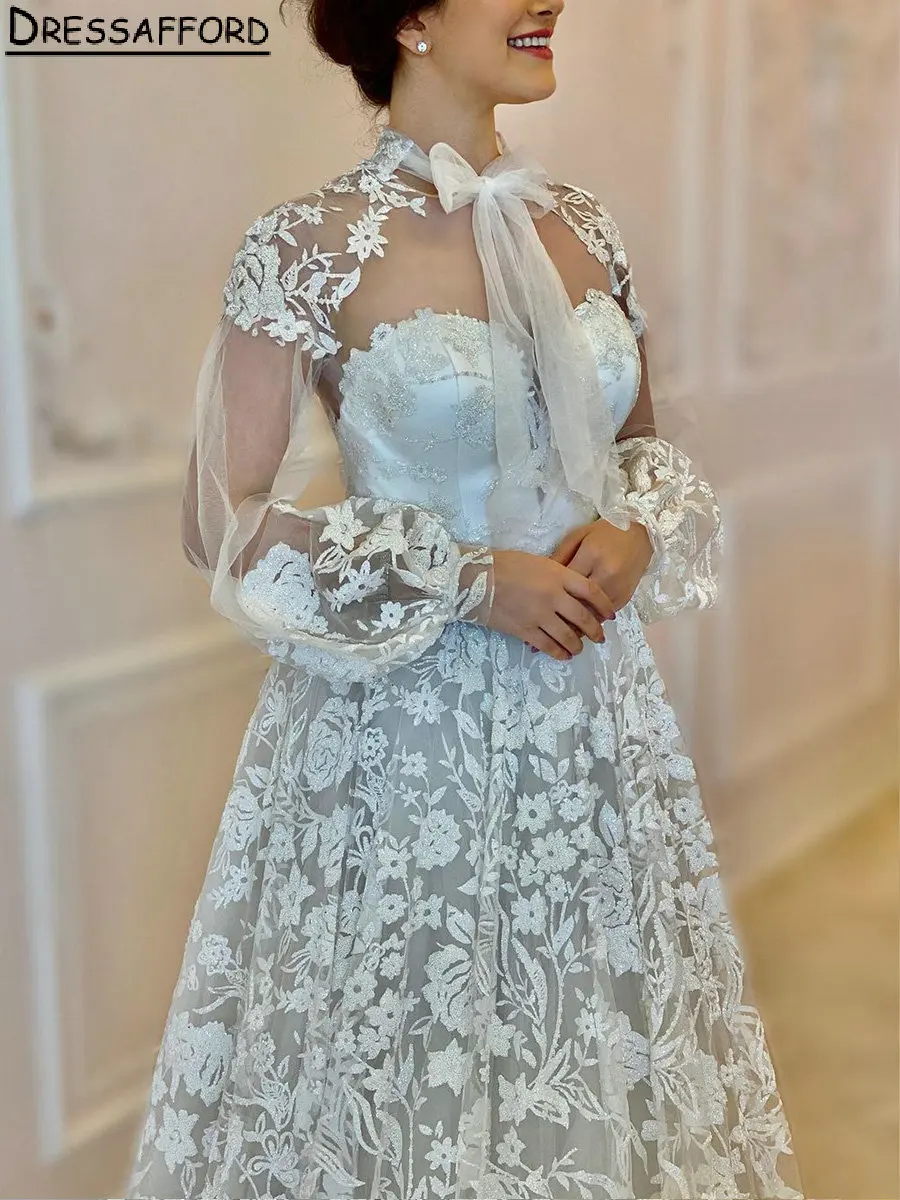 Klasična Vjenčanica Dugih Rukava i Cvjetni Čipkom U Dubaiju, Vjenčanica Trapeznog Oblika S Visokim Izreza i Lukom, Саудовско-Arabic Vjenčanica