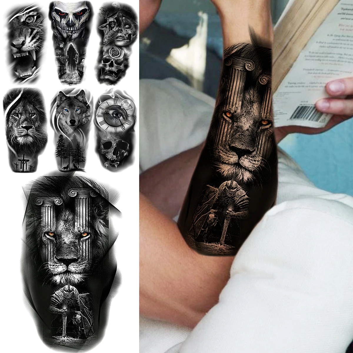 Realno Lav Vitez Privremene Tetovaže Za Muškarce Odrasla Osoba Tigar Vuk Lubanju Kompas Lažni Tattoo Naljepnice Vodootporan Body Art Tattoo