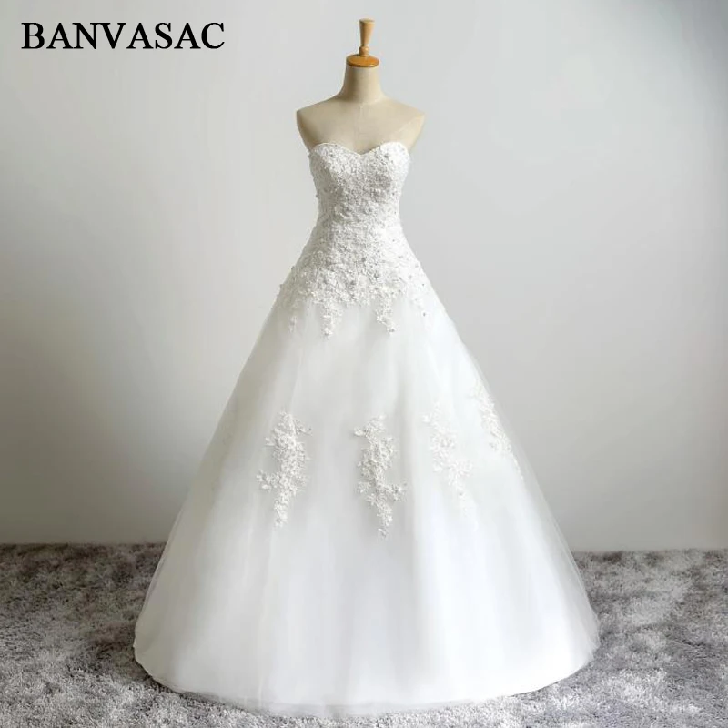 BANVASAC 2017 Novi Elegantne Vjenčanice Bez Naramenica S Vezom, Bez Rukava, Izvezena Perle, Čipke, Satena Vjenčanje Ball Haljina