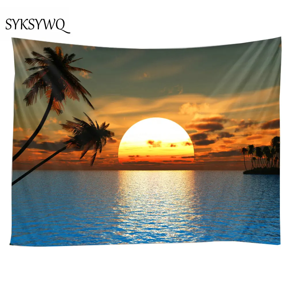 zalazak sunca plavi ocean zid deka tapiserija mjesec plaža palma zidno platno home dekor hostel zid tepih