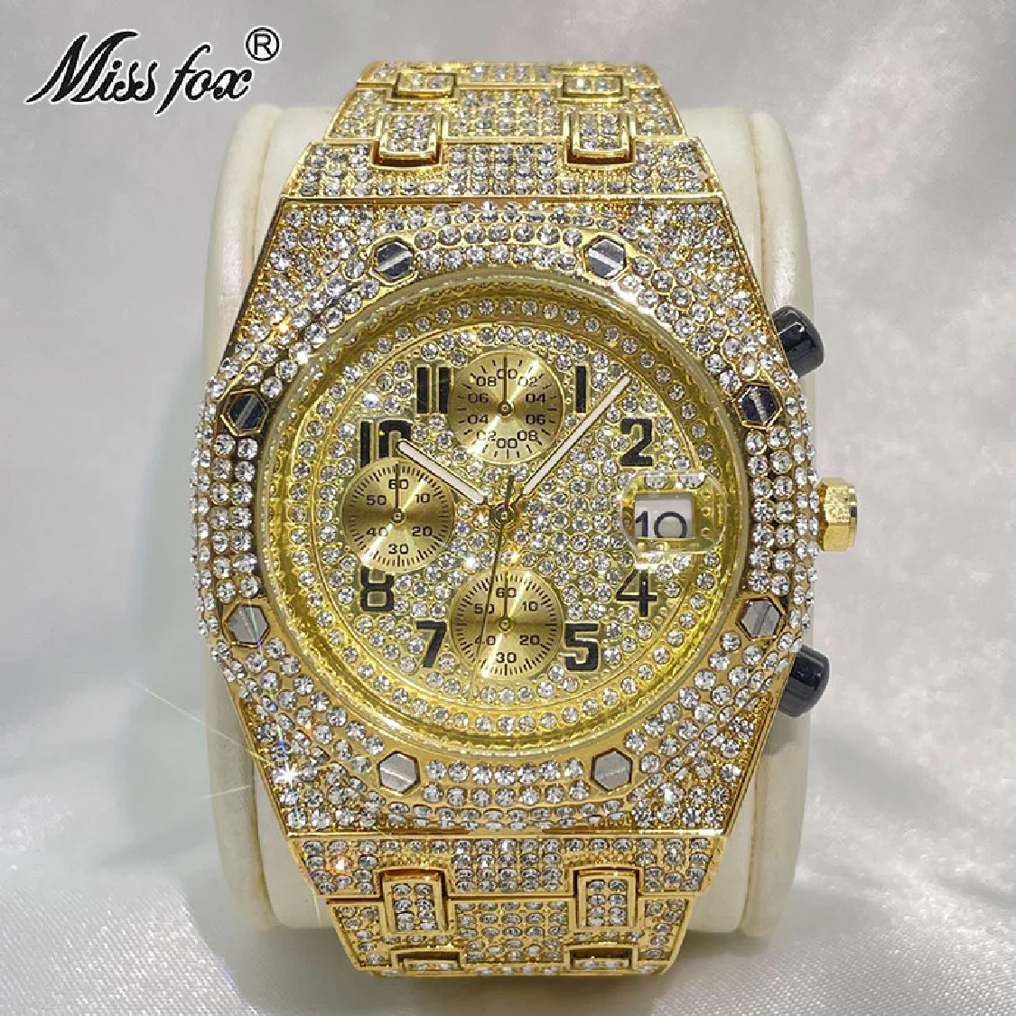 MISSFOX Luksuzni Zlatni Sat Za Muškarce, Potpuno Prekriven Ledom, Ručni Sat sa Dijamantima, Modni Vodootporan Kvarcni Sat u Stilu hip-Hop, Replika Reloj