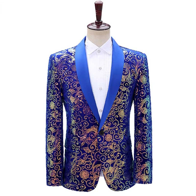 Royal Plavi Baršun Odijelo S Cvjetnim Uzorkom I Šljokicama, Muška Jakna S Ovratnikom-šalom na Jedan Preklopni, Muški Smoking, Blazers za Zabave, Vjenčanja
