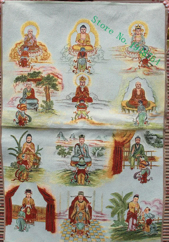 36 cm Kineski Svilene vez 12 Osoba Shakyamuni Kwan-yin Тханка Slike Freske