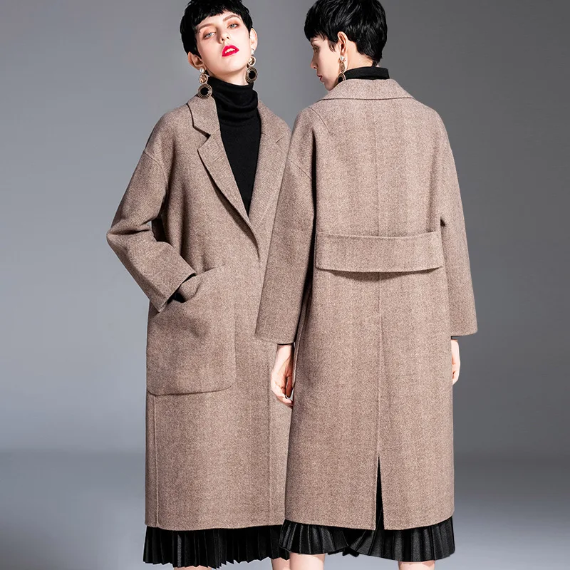 duge vunene smjese kašmir kaput za žene 2019 jesen zima ženske jakne plus size kaput bilateralna kava riblja kost