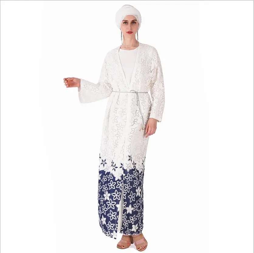 Muslimanska Turska Ženska Moda Bijeli Smanjiti Cvijet Privjesak Ogrtač dug muslimanski kardigan longo