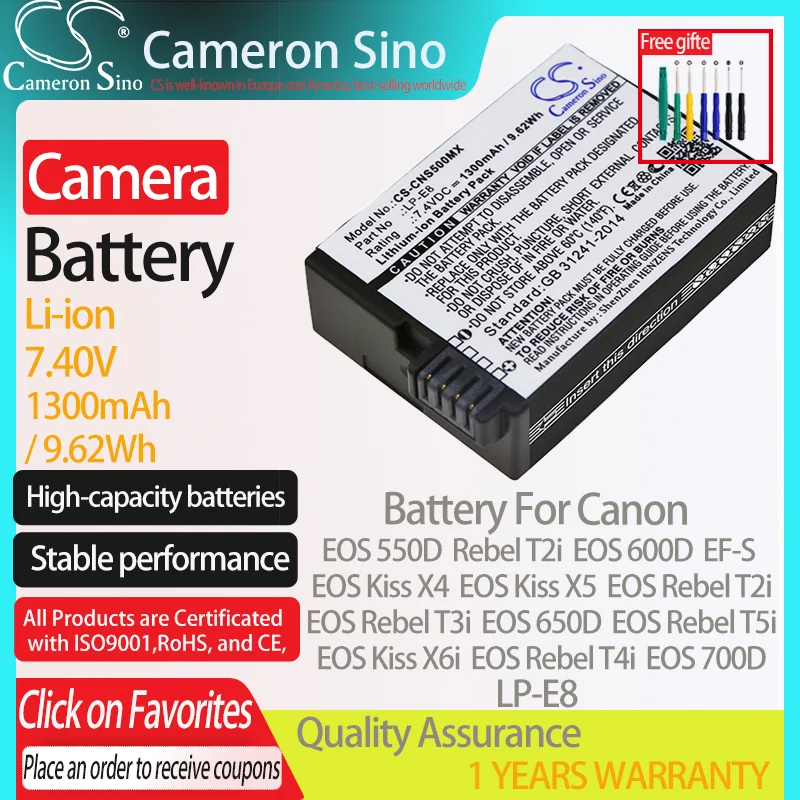 Baterija CameronSino za Canon EOS 550D Rebel T2i EF-S EOS Kiss X4 EOS Rebel T2i EOS Kiss X6i pogodan za bateriju fotoaparata Canon LP-E8