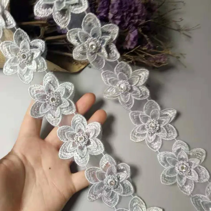 2 metra Poliester Siva 3D Cvijeće, Vezena Afrička cvjetne čipke Trim Trake Tkanina Ručno Šivanje Obrt Za Dekoracije Novi Kostim